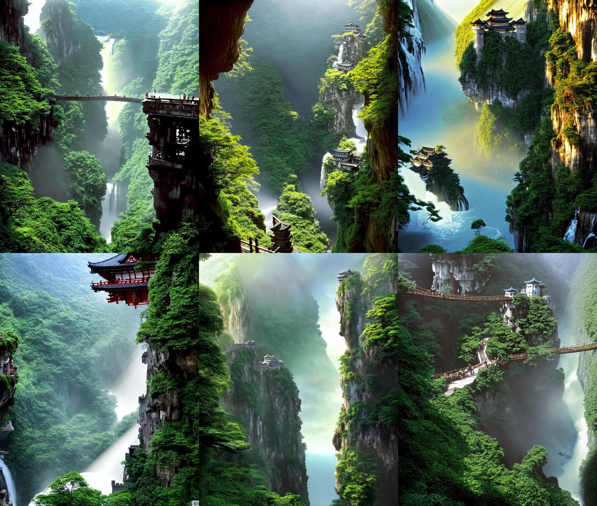 Prompt: establishing wide shot inside han son doong with waterfalls on either side of the cliff walls, fantasy movie still, at the top of the cliff is a japanese castle, a cloister is built into the cliff walls, an old suspension bridge spans the walls, sunny morning light, sunbeam, saturated colors, by greg rutkowski and gerald brom and james gurney