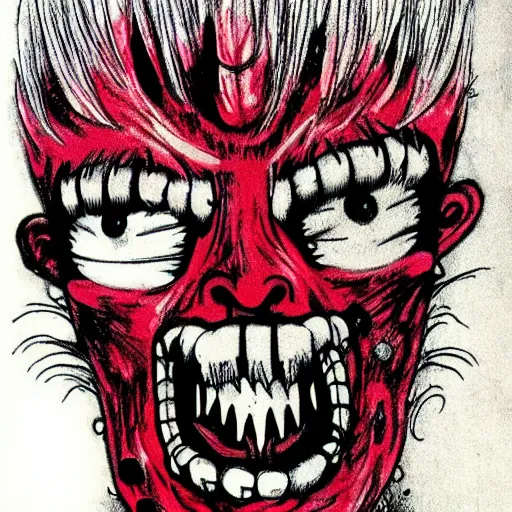 Prompt: a horrifying oni mask drawn by junji ito, scary, demonic, black and white, red eyes, spirals junji ito.