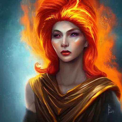 Image similar to A stunning portrait of a flame goddess by Andrews Esao, fantasy, Trending on artstation.