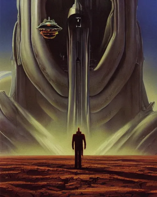 Prompt: a painting of a man standing in front of a giant alien, poster art by les edwards and by ralph mcquarrie and by peter elson, cgsociety, space art, lovecraftian, cosmic horror, poster art