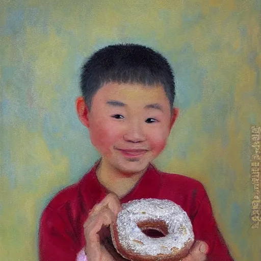 Image similar to bald chinese boy holding a donut, impressionist painting art