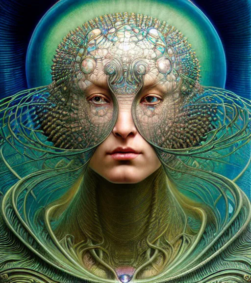 Prompt: detailed realistic iridescent beautiful young cher cyber alien queen of mandelbulb portrait by jean delville, gustave dore and marco mazzoni, art nouveau, symbolist, visionary, baroque. horizontal symmetry by zdzisław beksinski, iris van herpen, raymond swanland and alphonse mucha. highly detailed, hyper - real, beautiful