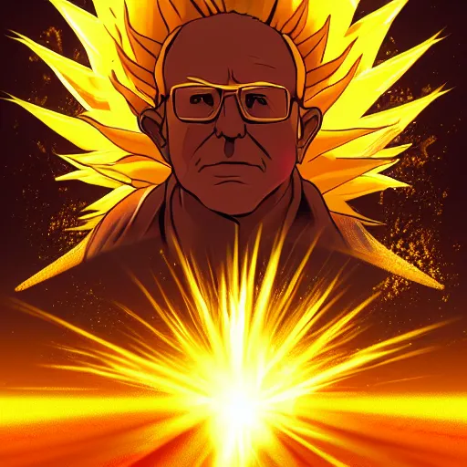 Image similar to portrait of Bernie Sanders with glowing golden aura flying over a desert field, super saiyan 3, yellow spiky hair, digital art