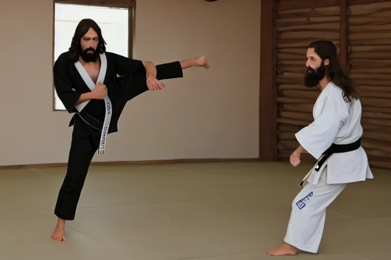 Prompt: photo of jesus learning karate in a dojo