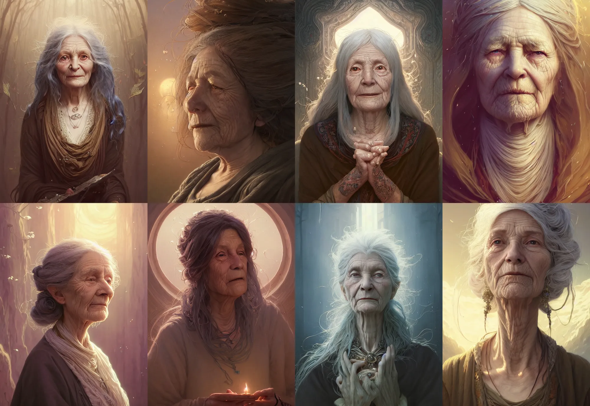 Prompt: highly detailed portrait of an old woman with long hairs, stephen bliss, unreal engine, fantasy art by greg rutkowski, loish, rhads, ferdinand knab, makoto shinkai and lois van baarle, ilya kuvshinov, rossdraws, tom bagshaw, alphonse mucha, global illumination, radiant light, detailed and intricate environment