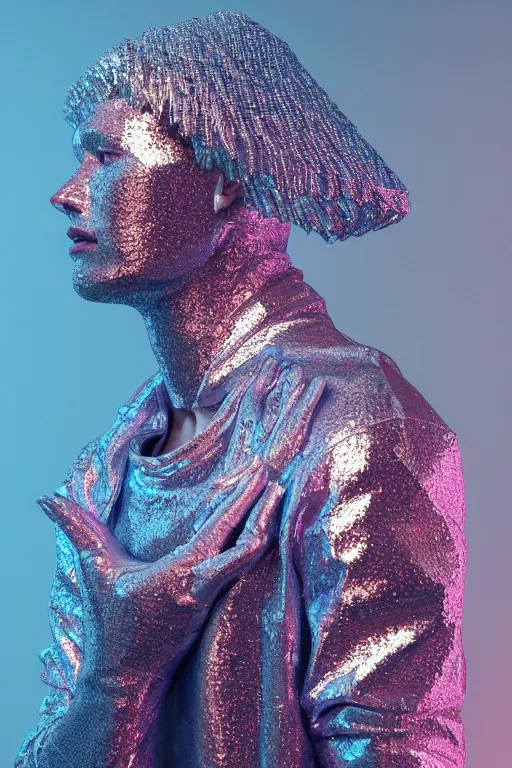 Prompt: hyper detailed ultra sharp portrait of baroque and bladerunner delicate neon diamond sculpture of seductive albino pharaoh kit butler, diamond pink sphinx iridescent humanoid deity wearing metallic hoody made out of hands holding the sun prismatic dungeon, glowing blue face, crown of white diamonds, cinematic lighting, photorealistic, octane render 8 k depth of field 3 d