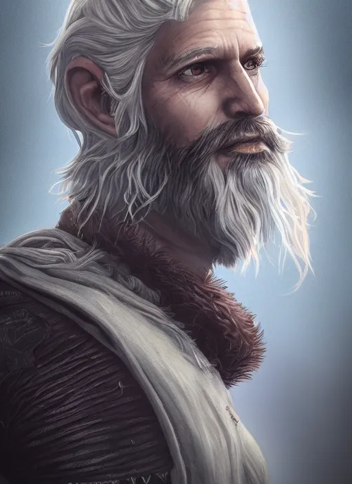 Prompt: an epic fantastic realism comic book style portrait painting of an aasimar warlock, mid thirties, male, shaggy silver hair, short brown beard, d & d concept art, unreal 5, daz, petrol aesthetic, octane render, cosplay, rpg portrait, dynamic lighting