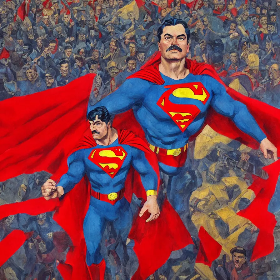 Image similar to stalin as superman red son standing triumphantly in the red square ( moscow ), socialist realism, oil painting masterpiece, photorealistic, detailed picture, intricate digital art, trending artstation, rich moody colors, fan art, concept art, artgem, 8 k ultra high definition