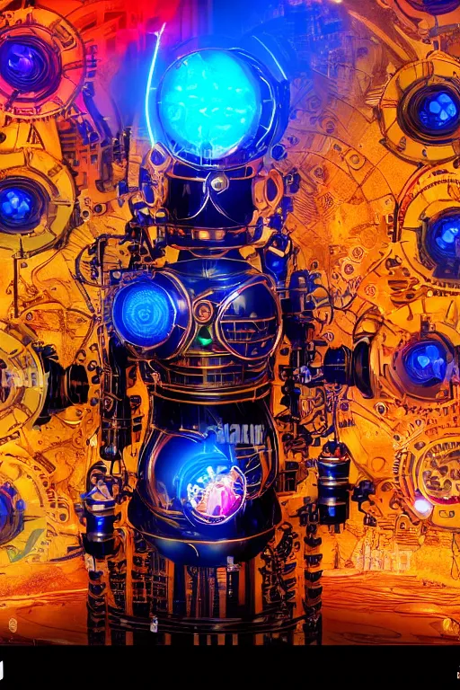 Prompt: portrait photo of a giant huge golden and blue metal futuristic steampunk robot covered with multicolored big gears and tubes, eyes are glowing red lightbulbs, robot plays on a huge electric steampunk guitar, shiny crisp finish, 3 d render, 8 k, insaneley detailed, fluorescent colors, background is multicolored lasershow