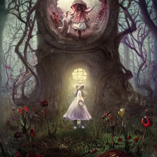 Image similar to Alice in Wonderland, painted by seb mckinnon, high detail, digital art, trending on artstation