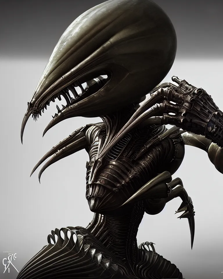 Prompt: epic portrait of alien queen in ring armour by giger and elvgren epic octane vfx maya render