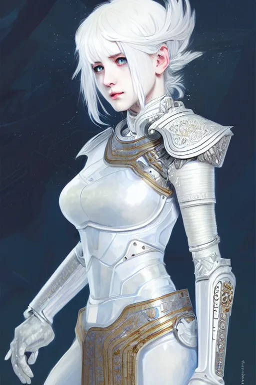 Image similar to portrait white hair knights of zodiac girl, matt white ice color armor, in ruined agora of athens, ssci - fi and fantasy, intricate and very very beautiful and elegant, highly detailed, digital painting, artstation, concept art, smooth and sharp focus, illustration, art by tian zi and wlop and alphonse mucha and ilya kuvshinov