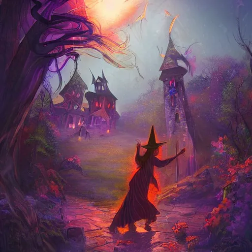 Image similar to beautiful witch casting a powerful spell on a village, beautiful composition, wide angle, colorful, cinematic, volumetric lighting, intricate details painting