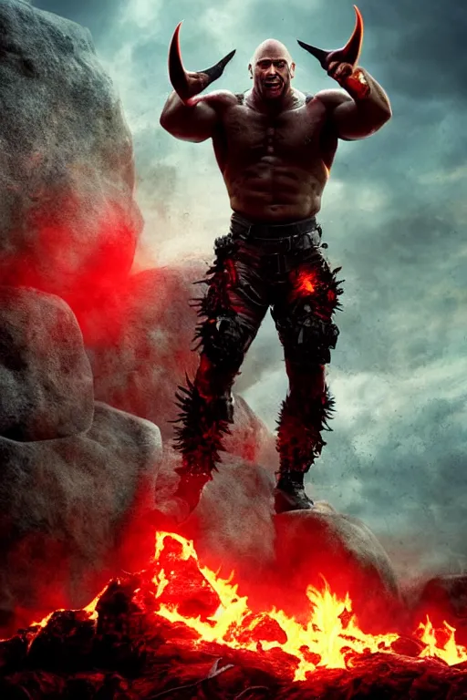 Prompt: Dwayne the Rock Johnson as the Devil, horns and red glowing eyes, smiling, post apocalyptic hell background, fires, high res render, octane cgsociety