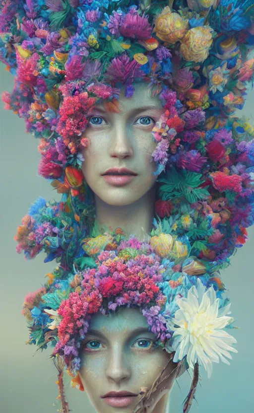 Image similar to a beautiful oil painting hyperrealism of a beautiful woman, close up face, flowers, floral headdress, 8 k resolution, octane render, trending on artstation, by gediminas pranckevicius, volumetric light 2 blue fractal thunder glow by dan mumford, anaglyph effect, laurie lipton