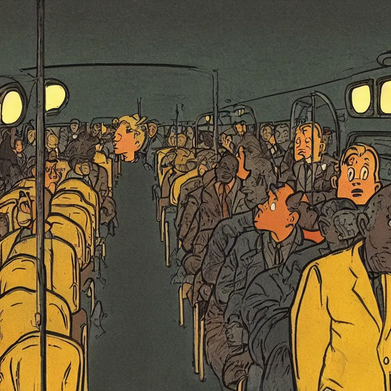 Image similar to some people waiting in bus stop in quiet dark city night, detailed, high quality, high resolution, color illustration by herge in tintin flight 714