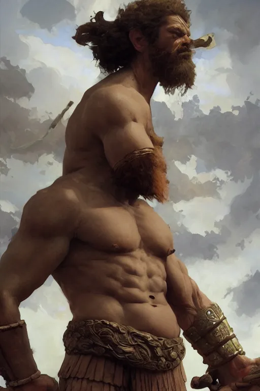 Image similar to ancient historically accurate depiction of the Bible Character Goliath of Gath, the Philistine warrior giant by frank miller, illustration by Ruan Jia and Mandy Jurgens and William-Adolphe Bouguereau, Artgerm, 4k, digital art, surreal, space dandy style, highly detailed, godsend, artstation, digital painting, concept art, smooth, sharp focus, illustration by Ruan Jia and Mandy Jurgens and William-Adolphe Bouguereau, Artgerm