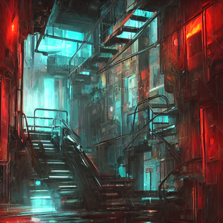 Prompt: down a basement staircase neon lights cyberpunk style digital painting concept art smooth sharp focus hyperrealistic illustration artstati