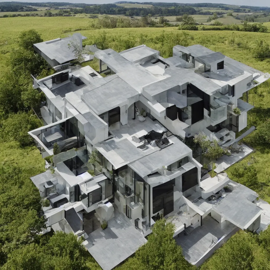 Prompt: hybrid modern home mixed with a drone, a drone home, hovering over a field