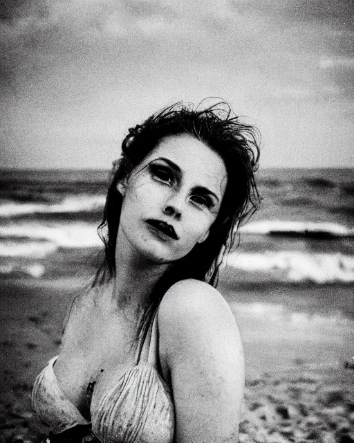 Prompt: a black and white photograph of a beautiful woman on the beach, realistic, vintage, antiqued look, grainy film