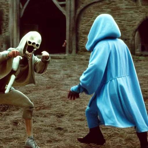 Prompt: medieval man with a light blue hood fighting a flying skeleton witch, 1 9 9 1, movie still
