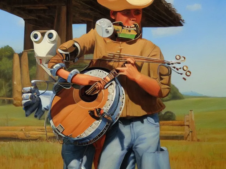 Image similar to painting of a country bumpkin robot playing a banjo, straw in his mouth, style of boris vallejo, high detail, hyper realistic, 8 k