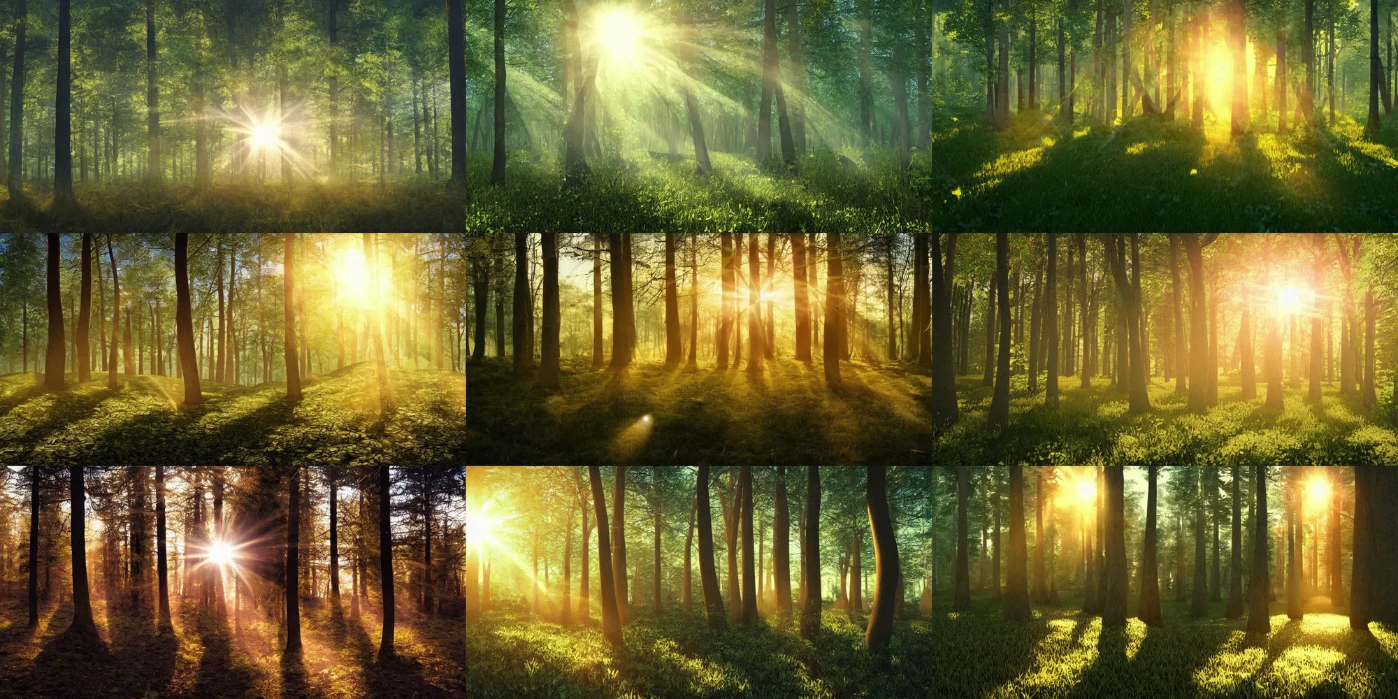 Prompt: low poly rendering of a forest landscape, warm rays of sunlight, lense flare