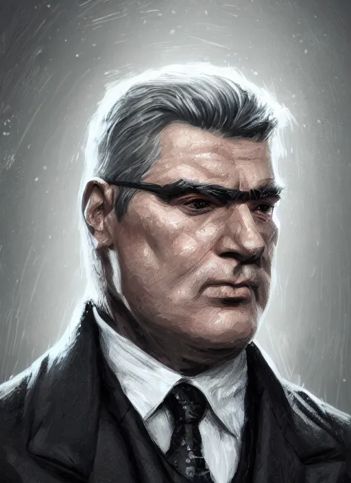 Image similar to a highly detailed illustration of 6 7 year - old clean - shaven chubby white man wearing black detective coat with necktie, heroic pose, strings background, intricate, elegant, highly detailed, centered, digital painting, artstation, concept art, smooth, sharp focus, league of legends concept art, wlop.