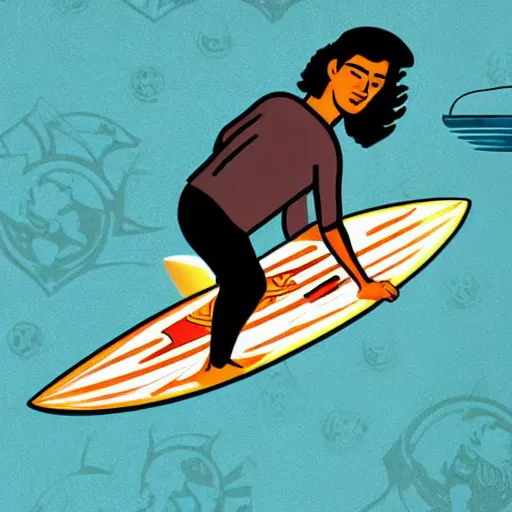 Prompt: postal employee holding a macbook while surfing in the ocean illustrated by Shepard fairey with russian styling