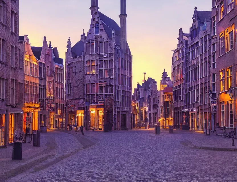 Image similar to street view of gent belgium at sunset, peaceful and serene, incredible perspective, soft lighting, anime scenery by makoto shinkai and studio ghibli, very detailed