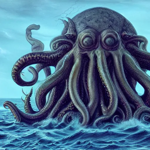 Image similar to photo of cthulhu at sea, hyper realism, 8 k