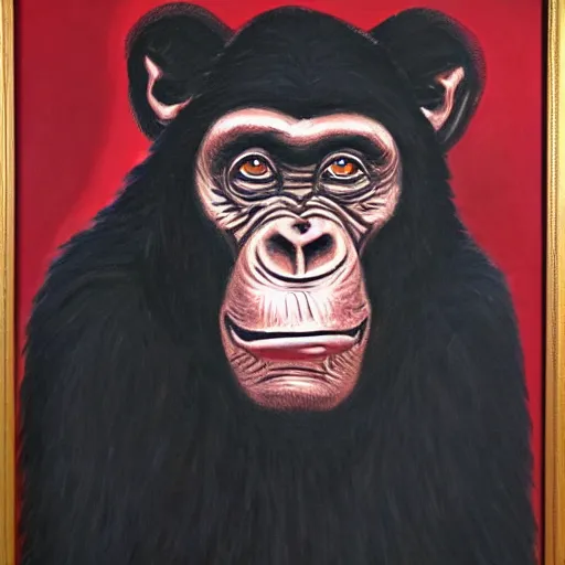 Image similar to portre of an autistic demonic chimpanzee on acid, masonic and kabalistic symbols in background, oil painting