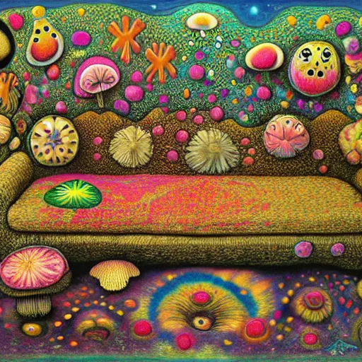 Image similar to psychedelic trippy couch in forest, planets, flowers, mushrooms milky way, sofa, cartoon by giuseppe arcimboldo