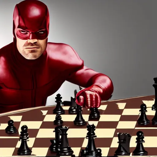 Prompt: daredevil from marvel playing chess, octane, realistic photograph