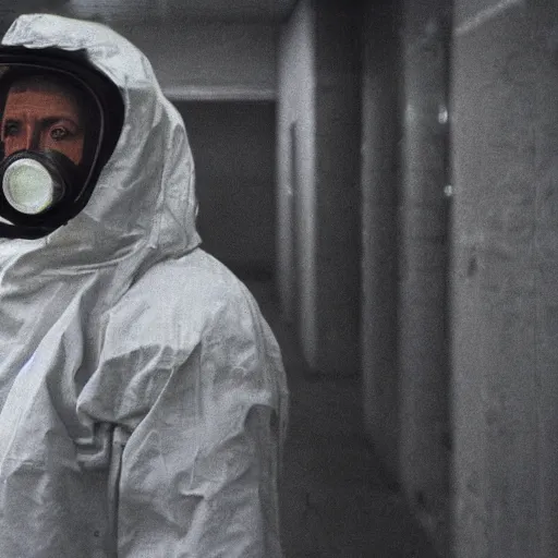 Image similar to news reporter in a hazmat suit 1 9 9 0 s news found footage of an abandoned soviet downtown with a humanoid scp hidden in background, liminal space, backrooms, scp, film grain, rundown, eerie, dark lighting, 3 5 mm, realistic, photograph, hazmat suits, foggy, silent hill style, detailed, hyperrealistic