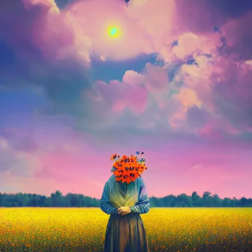 Image similar to woman with a flower face standing in flower field, surreal photography, photo manipulation, sunrise, impressionism, colorful clouds, artstation, simon stalenhag