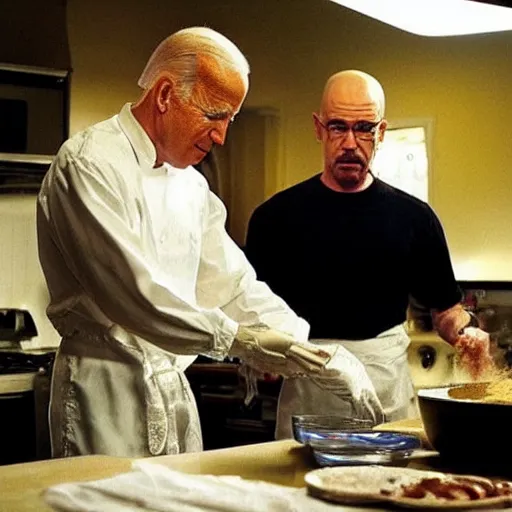 Image similar to “Very photorealistic screenshot of Joe Biden and Walter White cooking drugs in an episode of Breaking Bad, atmospheric lighting, award-winning”