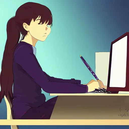 Image similar to a beautiful side view portrait of lofi girl sitting on her desktop writing something, digital art, anime, studio ghibli style