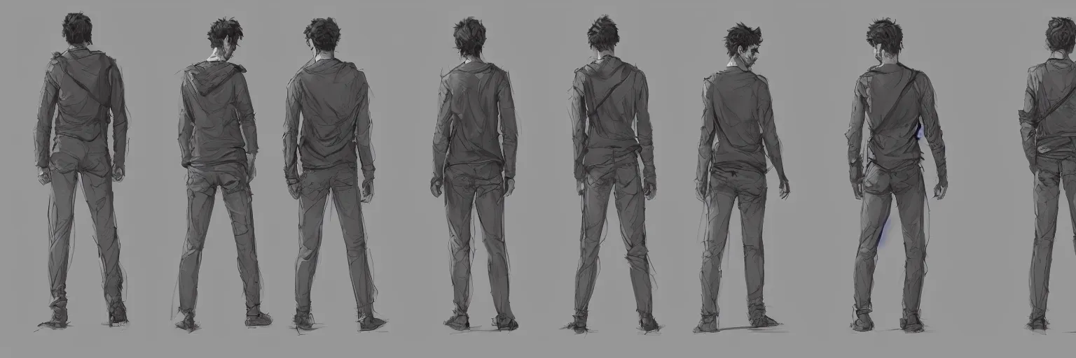 Image similar to character study of julian lage and andrew garfield, innocent, naive, character sheet, fine details, concept design, contrast, kim jung gi, greg rutkowski and francis bacon, trending on artstation, 8 k, full body and head, turnaround, front view, back view, ultra wide angle