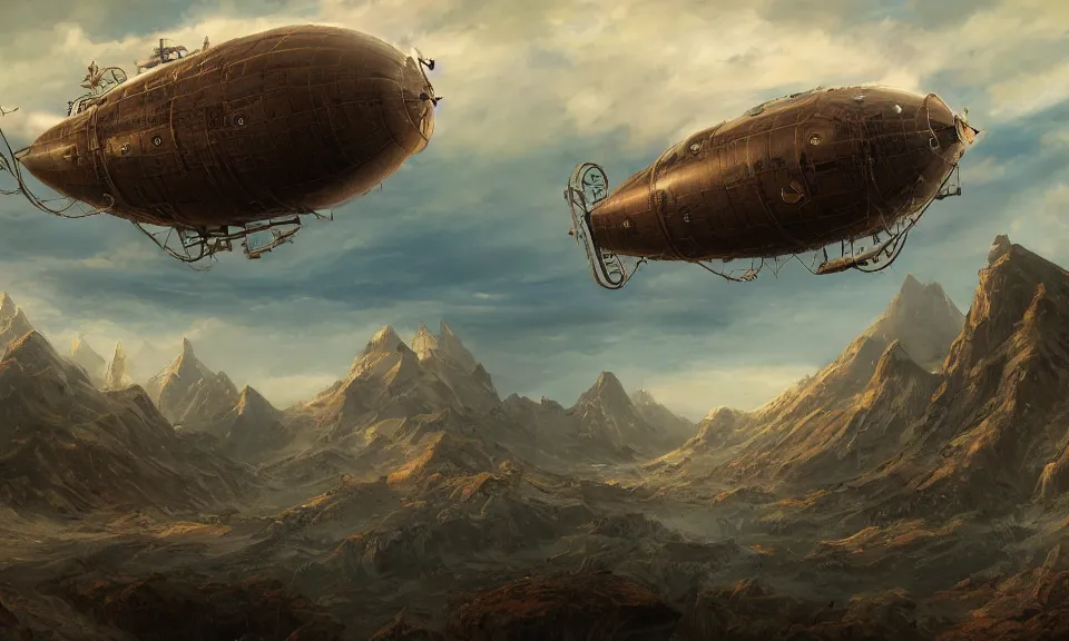 Image similar to steampunk airship over mountains, digital art, concept art, fantasy art, highly detailed, hd wallpaper, artstation, deviantart, behance