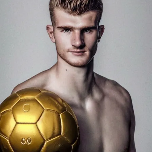 Image similar to a realistic detailed photo of a guy who is an attractive humanoid who is half robot and half humanoid, who is a male android, soccer player timo werner, shiny skin, posing like a statue, blank stare, in a living room, on display, showing off his muscles, gold soccer shorts