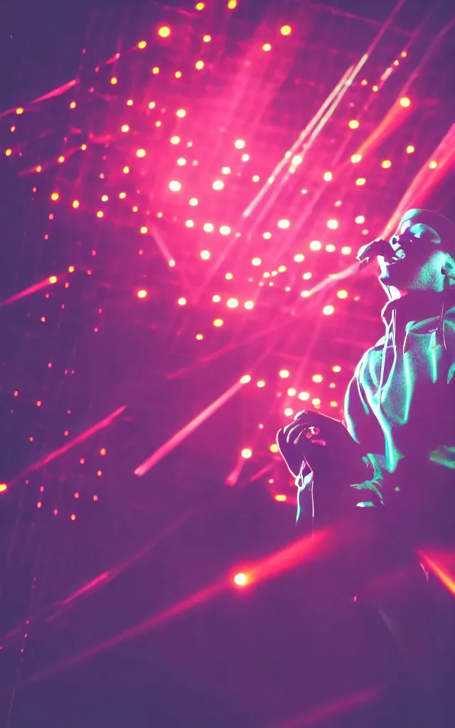 Prompt: rapper performing with microphone, epic pose, medium close-up, silhouetted, distinct figure, psychedelic hip-hop, laser light show, fog, beams of light