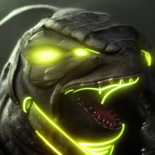 Prompt: a realistic sanke from metal gear with glowing neon eyes, finely detailed, 4 k, photorealistic, cycles engine,