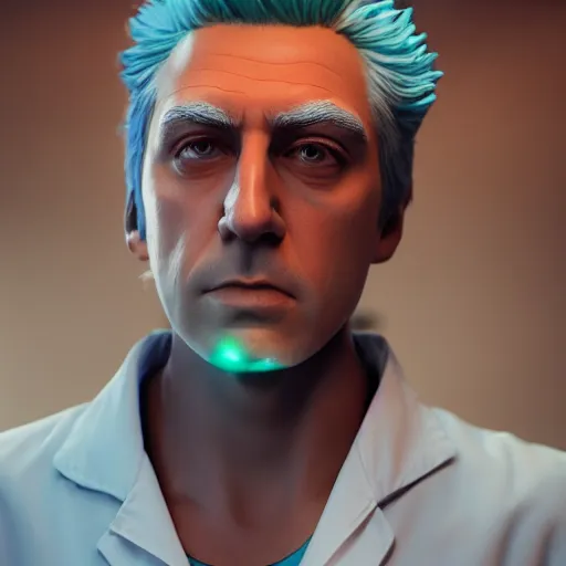 Image similar to portrait art of rick sanchez, lab coat, cyan shirt, 8 k ultra realistic, lens flare, atmosphere, glow, detailed, intricate, full of colour, cinematic lighting, trending on artstation, 4 k, hyperrealistic, focused, extreme details, unreal engine 5, cinematic, masterpiece