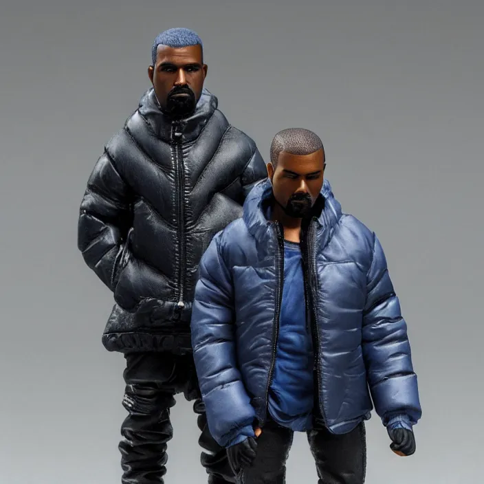 Image similar to a action figure of kanye west using a full face covering black mask, a small, tight, undersized reflective bright blue round puffer jacket made of nylon and big black balenciaga rubber boots, figurine, detailed product photo