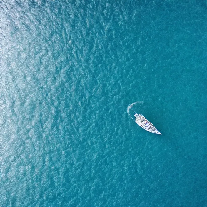 Image similar to an aerial perspective of a yacht sailing in a crystal clear ocean, photo - realistic, highly detailed