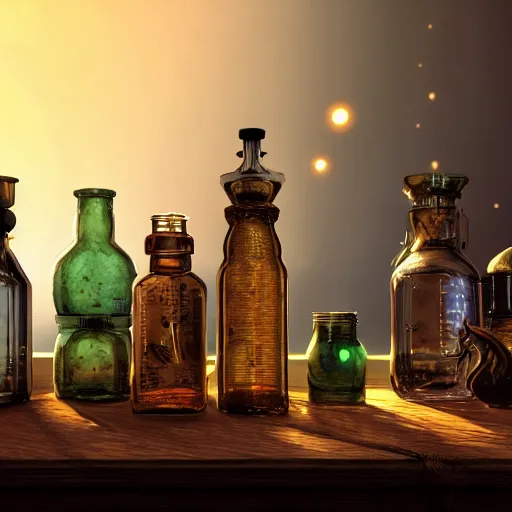 Prompt: A collection of magic bottles on a table of alchemist, a lot of high details, other bookshelves with bottles and alchemy stuff in the background::fantasy, detailed concept art, artstation::8K, 4K, sharp focus, octane render