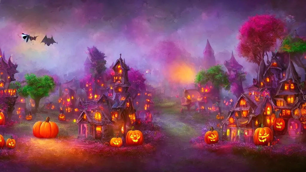 Prompt: village made out of candy, cinematic scene, studio lighting, colorful, fantasy, intricate, forest, fireflies, flowers, halloween, fairytale, ( visually stunning, matte painting, concept art, medium shot, trending on artstation )