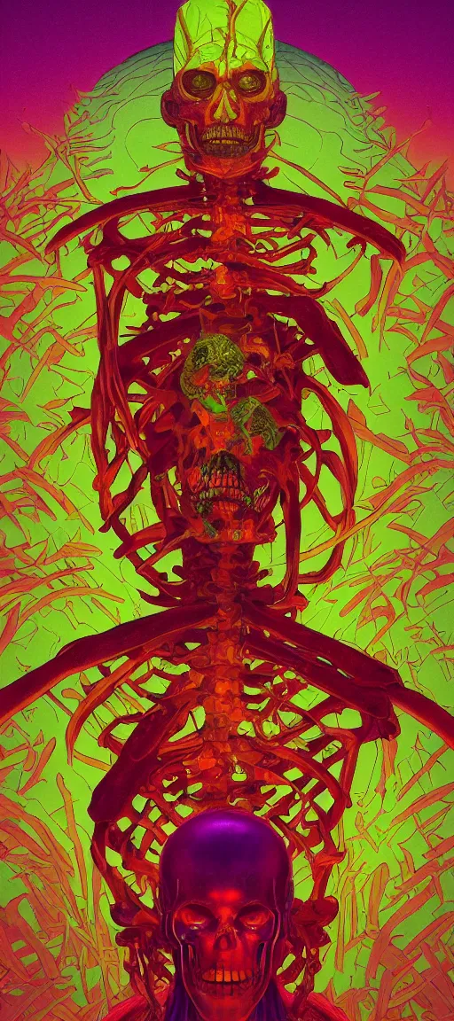 Prompt: a colorful vibrant closeup portrait of a cyber skeleton king, green energy, aesthetic face dreamy vibes and dreaming psychedelic, by kawase hasui, moebius, edward hopper and james gilleard, zdzislaw beksinski, steven outram colorful flat surreal design, hd, 8 k, artstation