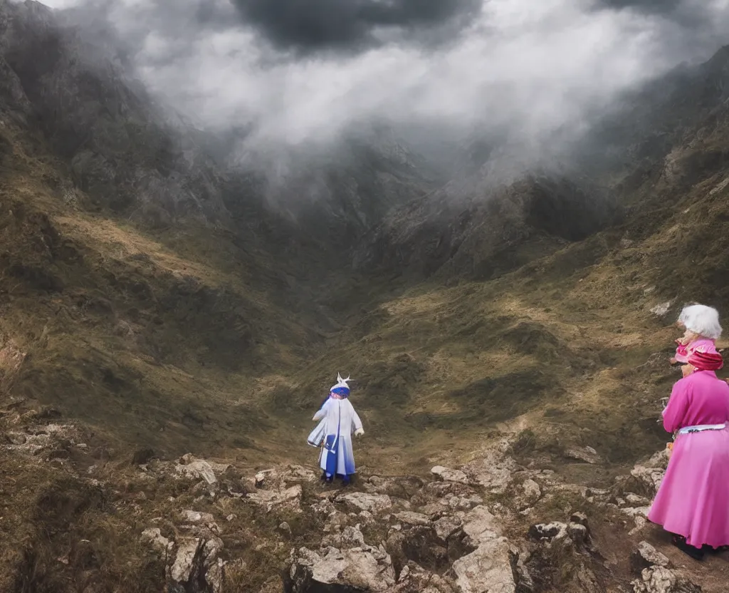 Prompt: a grandma wearing sailor moon costume wandering trough the mountains looking at the clouds very detailed focused photography cinematic lighting by martin parr